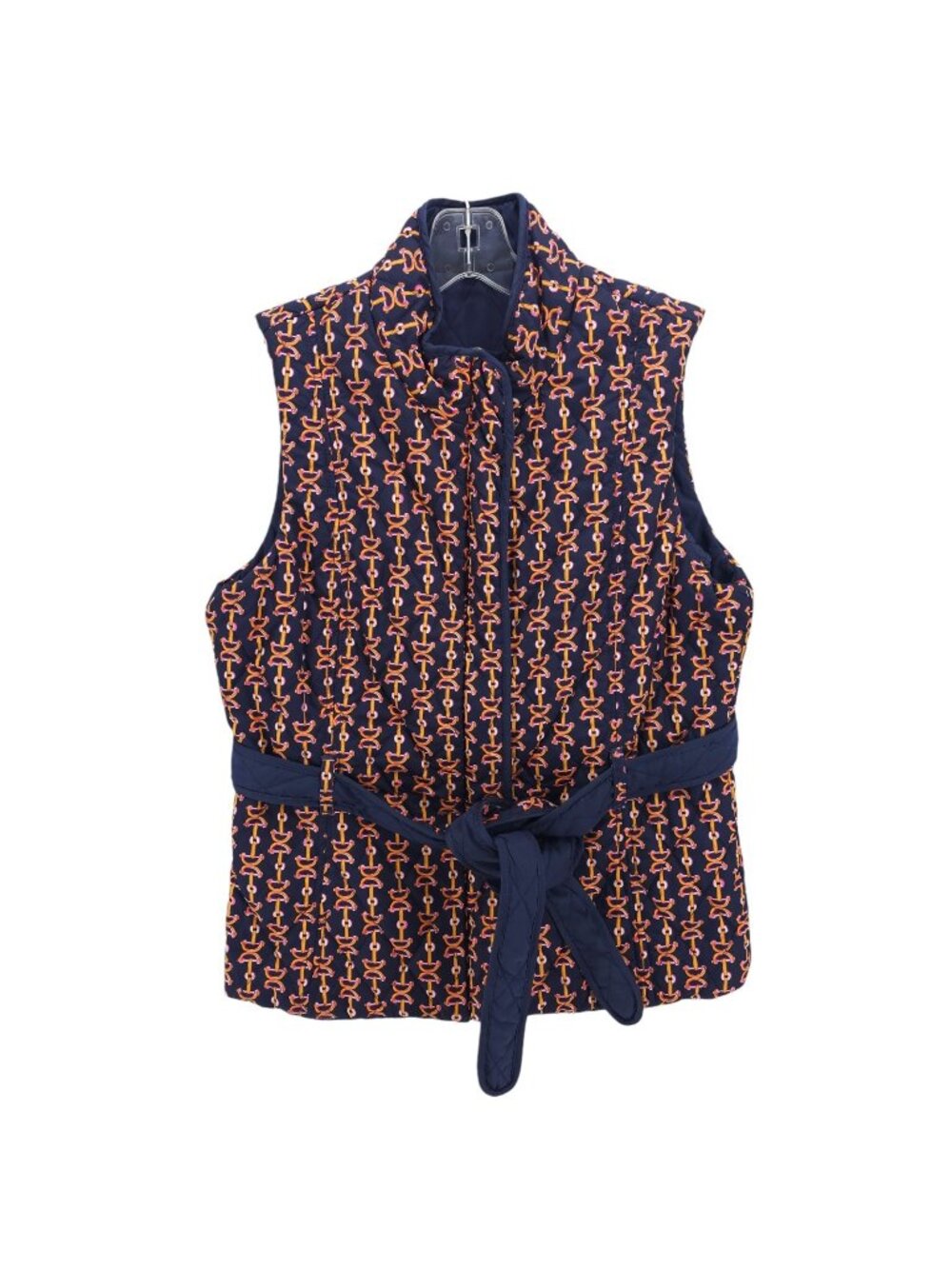 LILLY PULITZER Reversible Quilted Vest Blue Equestrian Horse Bit Belted MEDIUM